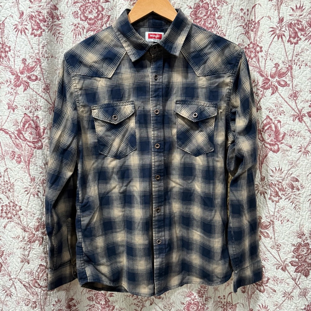 Wrangler Plaid Western Flannel Shirt Blue Tan Mens Medium